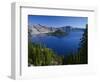 Oregon. Crater Lake NP, Wizard Island and Crater Lake with a grove of mountain hemlock-John Barger-Framed Photographic Print