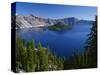 Oregon. Crater Lake NP, Wizard Island and Crater Lake with a grove of mountain hemlock-John Barger-Stretched Canvas