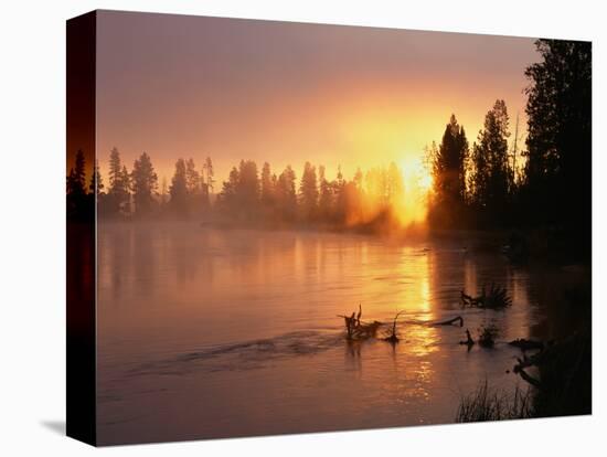 Oregon. Deschutes National Forest, rising sun breaks through morning fog along the Deschutes River.-John Barger-Stretched Canvas
