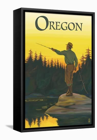 Oregon - Fisherman Casting-Lantern Press-Framed Stretched Canvas