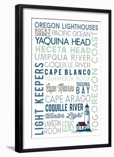 Oregon - Lighthouse Typography-Lantern Press-Framed Art Print