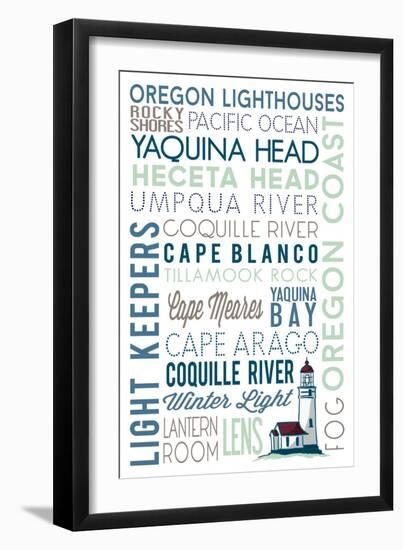 Oregon - Lighthouse Typography-Lantern Press-Framed Art Print