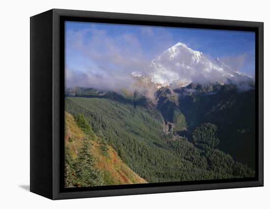 Oregon. Mount Hood NF, Mount Hood Wilderness, Drifting clouds obscure west side of Mount Hood-John Barger-Framed Stretched Canvas