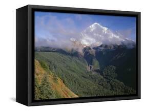 Oregon. Mount Hood NF, Mount Hood Wilderness, Drifting clouds obscure west side of Mount Hood-John Barger-Framed Stretched Canvas