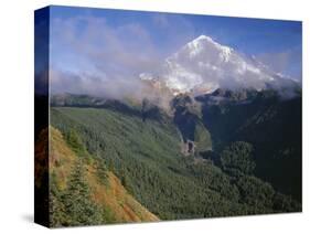 Oregon. Mount Hood NF, Mount Hood Wilderness, Drifting clouds obscure west side of Mount Hood-John Barger-Stretched Canvas