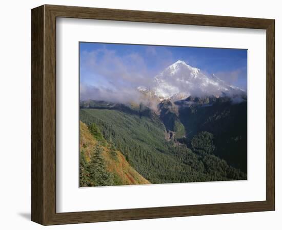 Oregon. Mount Hood NF, Mount Hood Wilderness, Drifting clouds obscure west side of Mount Hood-John Barger-Framed Photographic Print