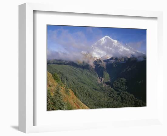 Oregon. Mount Hood NF, Mount Hood Wilderness, Drifting clouds obscure west side of Mount Hood-John Barger-Framed Photographic Print