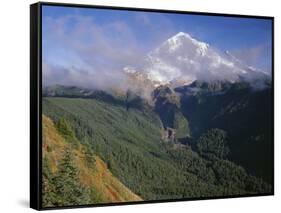 Oregon. Mount Hood NF, Mount Hood Wilderness, Drifting clouds obscure west side of Mount Hood-John Barger-Framed Stretched Canvas