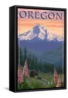 Oregon - Mt. Hood Bear Family and Spring Flowers-Lantern Press-Framed Stretched Canvas