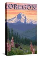 Oregon - Mt. Hood Bear Family and Spring Flowers-Lantern Press-Stretched Canvas