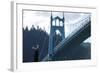Oregon, Portland, Cathedral Park, Western Gull in Front of St. John's Bridge-Rick A. Brown-Framed Photographic Print