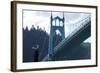 Oregon, Portland, Cathedral Park, Western Gull in Front of St. John's Bridge-Rick A. Brown-Framed Photographic Print