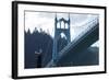 Oregon, Portland, Cathedral Park, Western Gull in Front of St. John's Bridge-Rick A. Brown-Framed Photographic Print