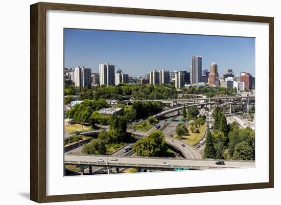 Oregon, Portland. Highways and Downtown from the Ohsu Gondola-Brent Bergherm-Framed Photographic Print