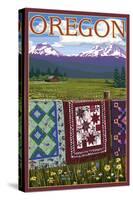 Oregon - Quilts on Fence-Lantern Press-Stretched Canvas