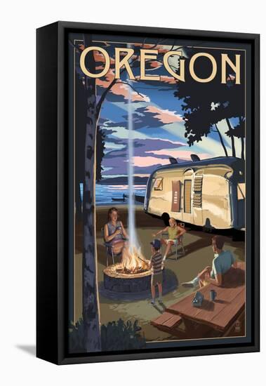 Oregon - Retro Camper and Lake-Lantern Press-Framed Stretched Canvas