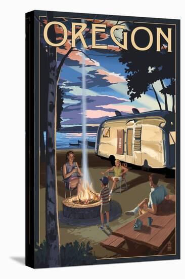 Oregon - Retro Camper and Lake-Lantern Press-Stretched Canvas