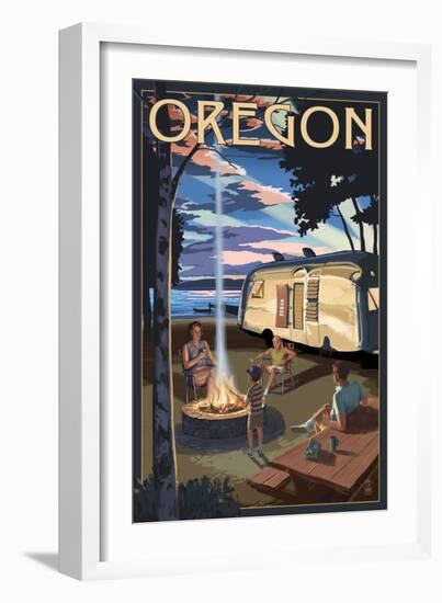 Oregon - Retro Camper and Lake-Lantern Press-Framed Art Print