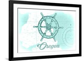 Oregon - Ship Wheel - Teal - Coastal Icon-Lantern Press-Framed Premium Giclee Print