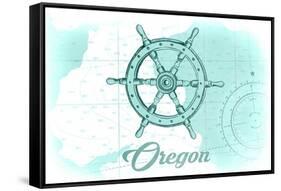 Oregon - Ship Wheel - Teal - Coastal Icon-Lantern Press-Framed Stretched Canvas