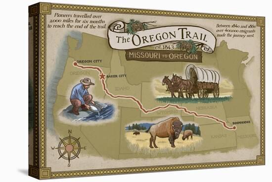 Oregon Trail Map-Lantern Press-Stretched Canvas