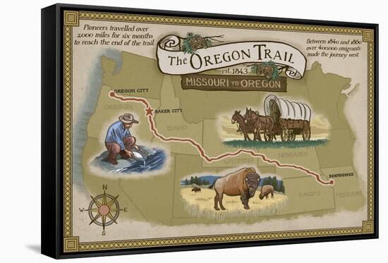 Oregon Trail Map-Lantern Press-Framed Stretched Canvas