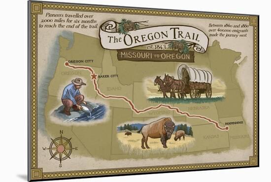 Oregon Trail Map-Lantern Press-Mounted Art Print