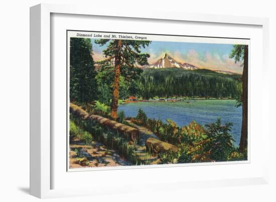 Oregon - View of Diamond Lake and Mount Thielsen, c.1940-Lantern Press-Framed Art Print