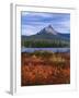 Oregon. Willamette NF, Mount Washington rises beyond autumn-colored huckleberry and Big Lake.-John Barger-Framed Photographic Print