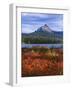 Oregon. Willamette NF, Mount Washington rises beyond autumn-colored huckleberry and Big Lake.-John Barger-Framed Photographic Print