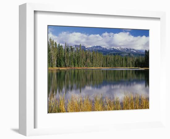 Oregon, Willamette NF. Scott Lake in autumn with the Three Sisters partially obscured by clouds.-John Barger-Framed Photographic Print