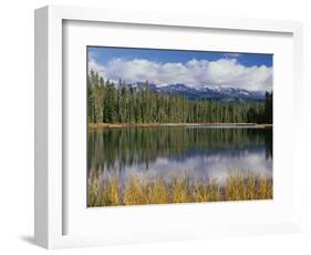 Oregon, Willamette NF. Scott Lake in autumn with the Three Sisters partially obscured by clouds.-John Barger-Framed Photographic Print