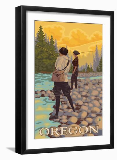 Oregon Women Fly Fishing-Lantern Press-Framed Art Print