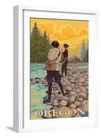 Oregon Women Fly Fishing-Lantern Press-Framed Art Print