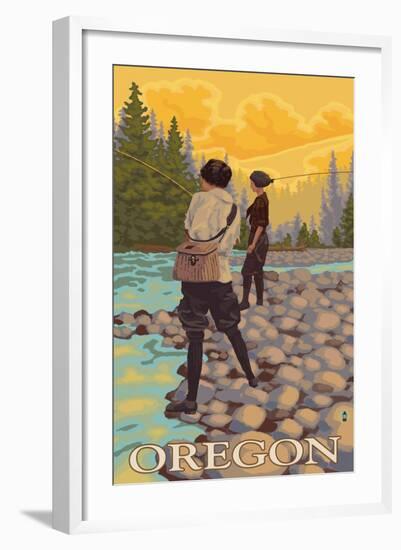 Oregon Women Fly Fishing-Lantern Press-Framed Art Print