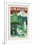 Oregon - Woodblock-Lantern Press-Framed Art Print