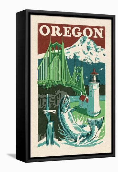 Oregon - Woodblock-Lantern Press-Framed Stretched Canvas