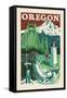 Oregon - Woodblock-Lantern Press-Framed Stretched Canvas