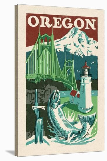 Oregon - Woodblock-Lantern Press-Stretched Canvas