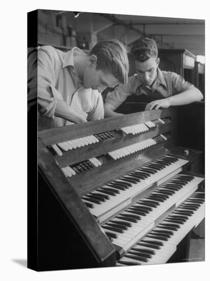 Organ Maker Students Michael Onuschko and Robert Morrow Working on Keyboard at Allen Organ Company-Nina Leen-Stretched Canvas