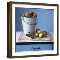 Organic Potatoes in Bucket and on Chopping Board; Brush; Knife-Michael Paul-Framed Photographic Print