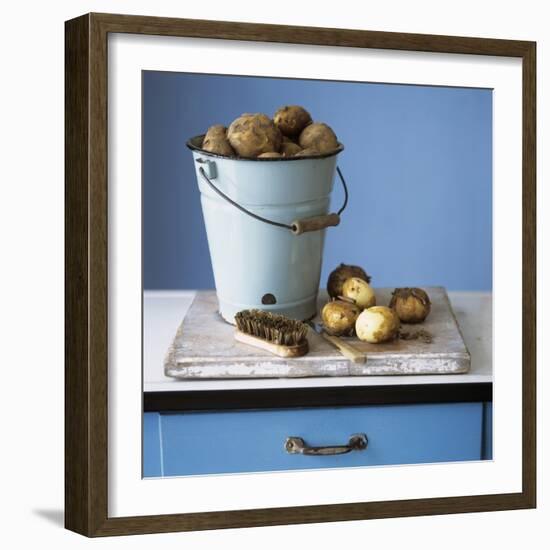 Organic Potatoes in Bucket and on Chopping Board; Brush; Knife-Michael Paul-Framed Photographic Print