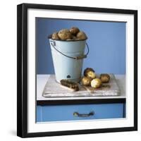 Organic Potatoes in Bucket and on Chopping Board; Brush; Knife-Michael Paul-Framed Photographic Print