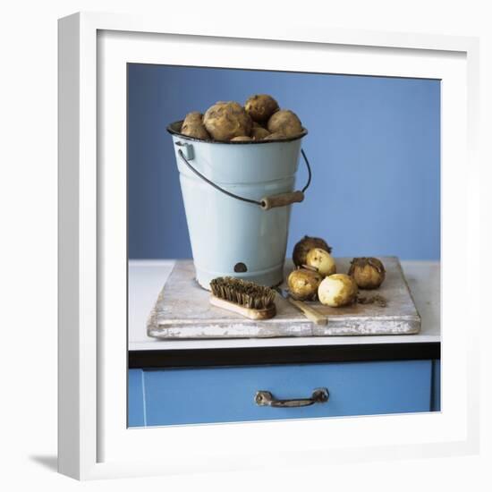 Organic Potatoes in Bucket and on Chopping Board; Brush; Knife-Michael Paul-Framed Photographic Print