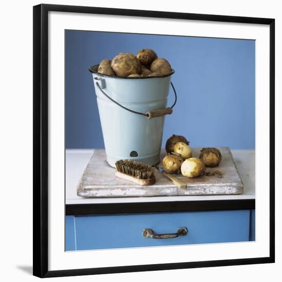 Organic Potatoes in Bucket and on Chopping Board; Brush; Knife-Michael Paul-Framed Photographic Print