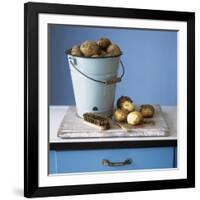 Organic Potatoes in Bucket and on Chopping Board; Brush; Knife-Michael Paul-Framed Photographic Print