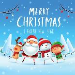 Merry Christmas! Happy Christmas Companions. Santa Claus, Snowman, Reindeer and Elf in Christmas Sn-ori-artiste-Art Print