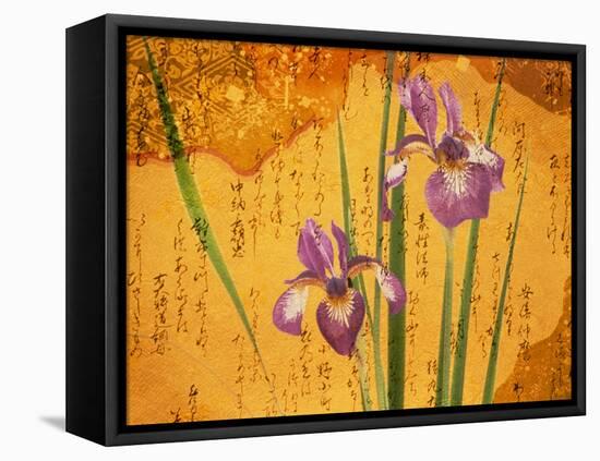 Oriental Batik Style Purple Bearded Iris and Green Leaves on Mottled Gold Background-null-Framed Stretched Canvas