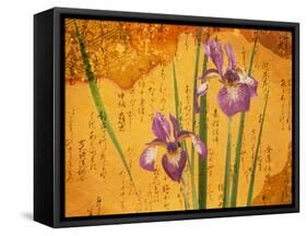 Oriental Batik Style Purple Bearded Iris and Green Leaves on Mottled Gold Background-null-Framed Stretched Canvas