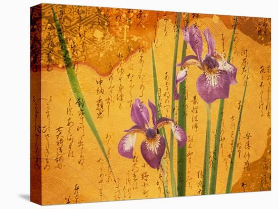 Oriental Batik Style Purple Bearded Iris and Green Leaves on Mottled Gold Background-null-Stretched Canvas